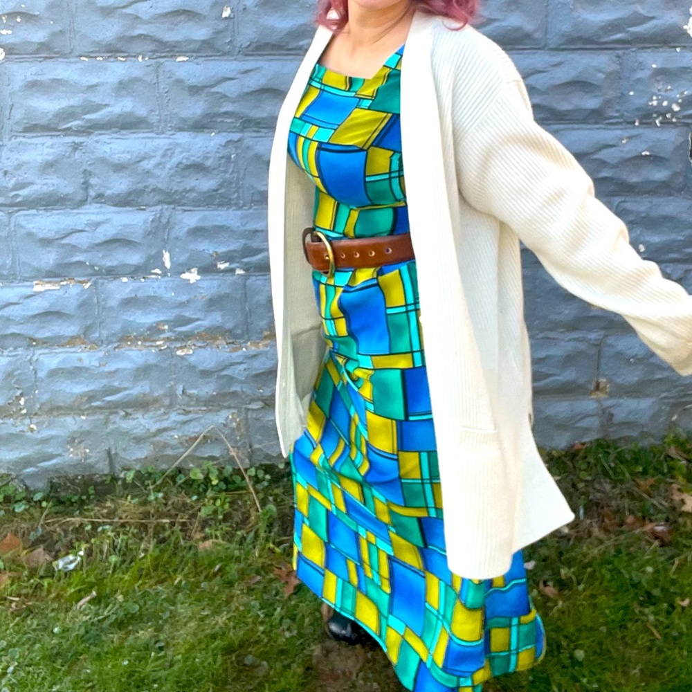 Vintage geometric squares design blue green dress size 9 / 10